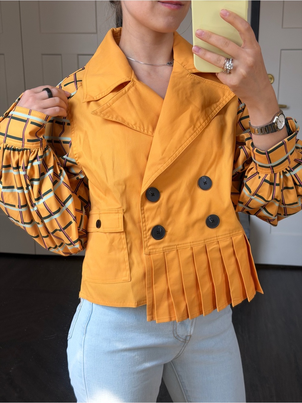 Women’s Mustard Yellow Pleated Double-Breasted Jacket
